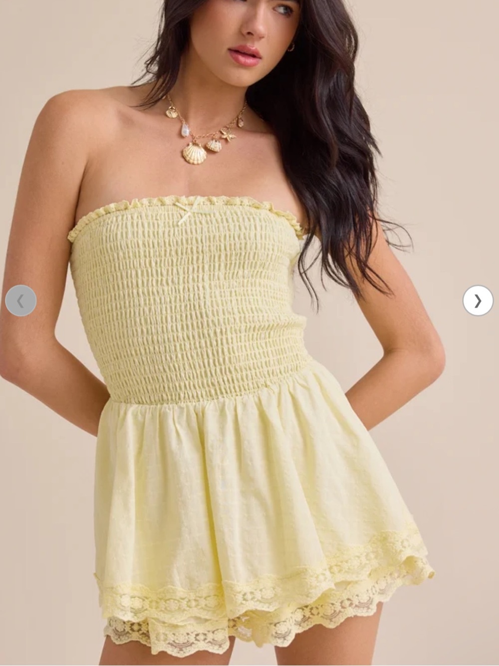 Altar'd State Yellow Strapless Smocked Romper with Lace Trim